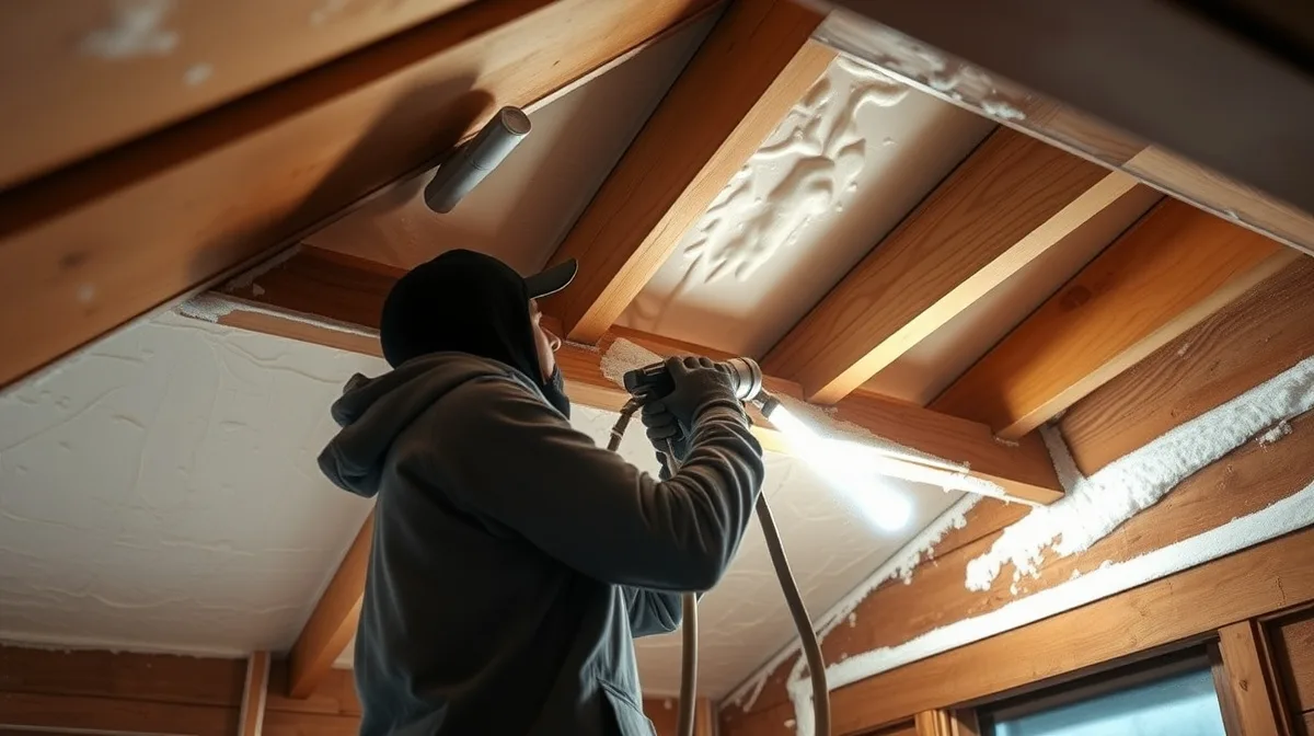 Technician spraying foam insulation onto an attic roof deck